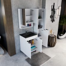 HD Paris Matt White 60 álló mosdószekrény fényes króm elemekkel és matt fekete slim mosdóval