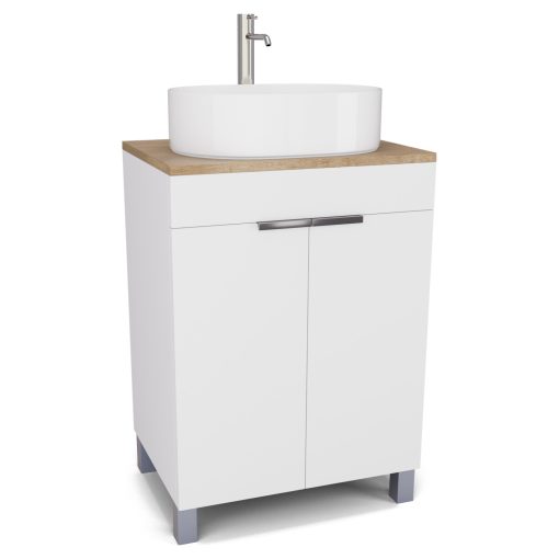 HD Paris Matt White 60 álló mosdószekrény tölgyfa színű mosdópulttal és fényes króm elemekkel