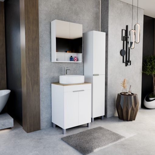 HD Paris Matt White 60 álló mosdószekrény tölgyfa színű mosdópulttal és fényes króm elemekkel