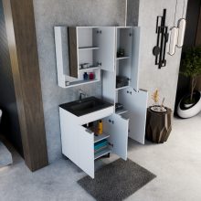 HD Paris Matt White 60 álló mosdószekrény szálcsiszolt króm elemekkel és matt fekete slim mosdóval