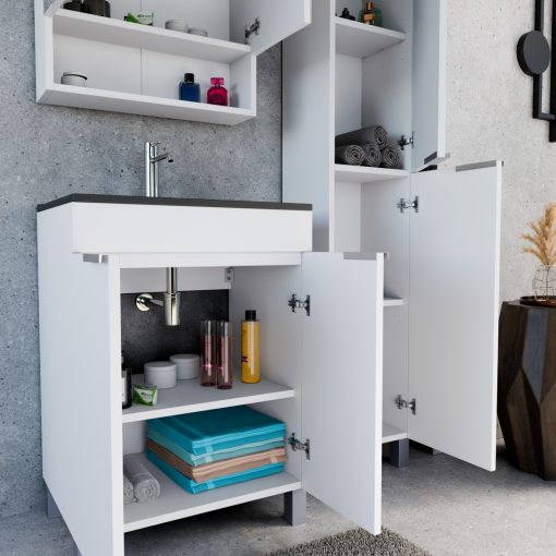 HD Paris Matt White 60 álló mosdószekrény szálcsiszolt króm elemekkel és matt fekete slim mosdóval