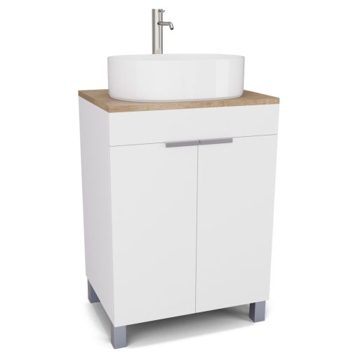 HD Paris Matt White 60 álló mosdószekrény tölgyfa színű mosdópulttal és szálcsiszolt króm elemekkel