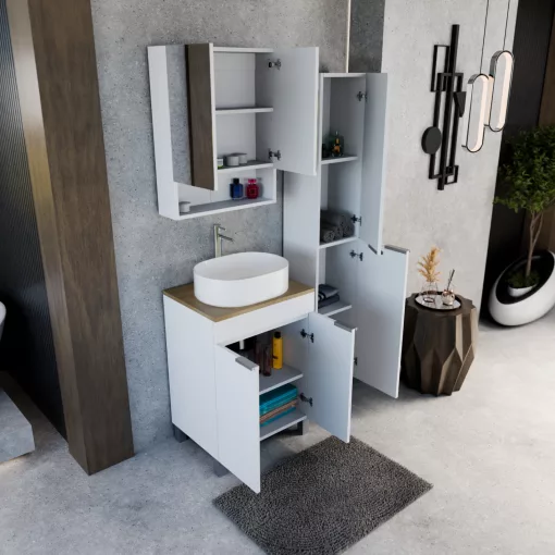 HD Paris Matt White 60 álló mosdószekrény tölgyfa színű mosdópulttal és szálcsiszolt króm elemekkel