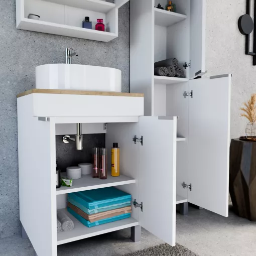 HD Paris Matt White 60 álló mosdószekrény tölgyfa színű mosdópulttal és szálcsiszolt króm elemekkel