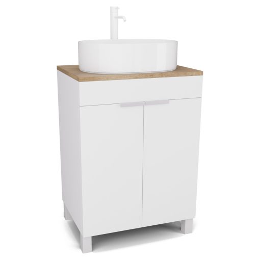 HD Paris Matt White 60 álló mosdószekrény tölgyfa színű mosdópulttal és matt fehér elemekkel