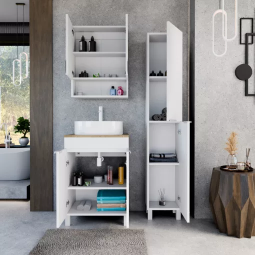 HD Paris Matt White 60 álló mosdószekrény tölgyfa színű mosdópulttal és matt fehér elemekkel