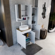 HD Paris Matt White 60 álló mosdószekrény tölgyfa színű mosdópulttal és matt fehér elemekkel