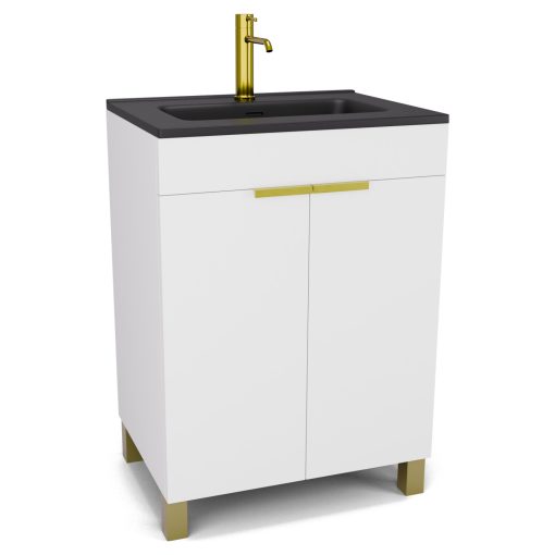 HD Paris Matt White 60 álló mosdószekrény szálcsiszolt arany elemekkel és matt fekete slim mosdóval