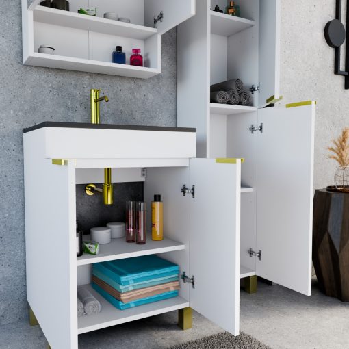 HD Paris Matt White 60 álló mosdószekrény szálcsiszolt arany elemekkel és matt fekete slim mosdóval