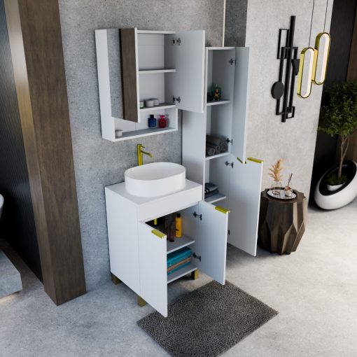 HD Paris Matt White 60 álló mosdószekrény matt fehér mosdópulttal és szálcsiszolt arany elemekkel