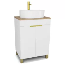 HD Paris Matt White 60 álló mosdószekrény tölgyfa színű mosdópulttal és szálcsiszolt arany elemekkel