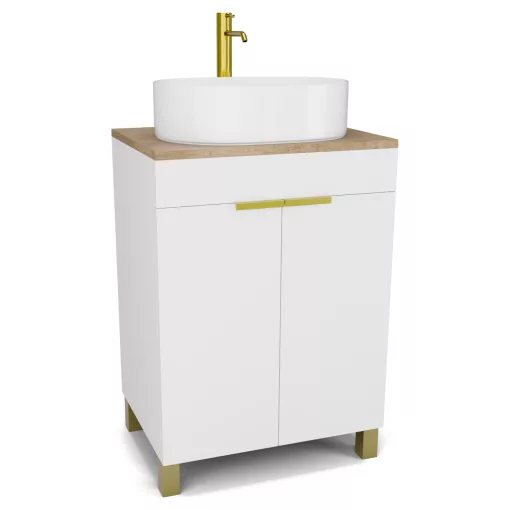 HD Paris Matt White 60 álló mosdószekrény tölgyfa színű mosdópulttal és szálcsiszolt arany elemekkel