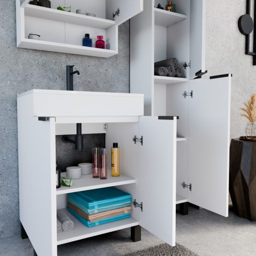 HD Paris Matt White 60 álló mosdószekrény matt fekete elemekkel és fényes fehér slim mosdóval