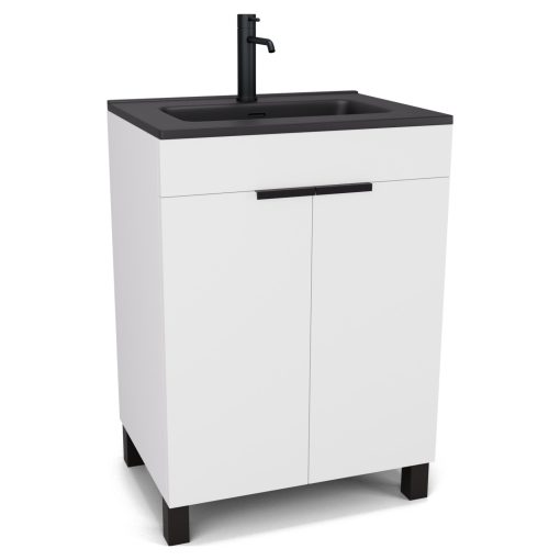 HD Paris Matt White 60 álló mosdószekrény matt fekete elemekkel és matt fekete slim mosdóval