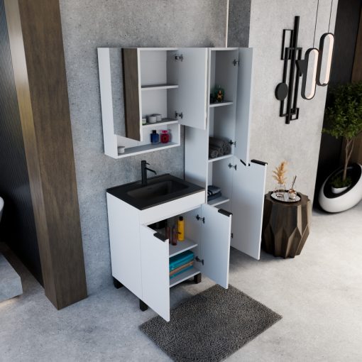 HD Paris Matt White 60 álló mosdószekrény matt fekete elemekkel és matt fekete slim mosdóval