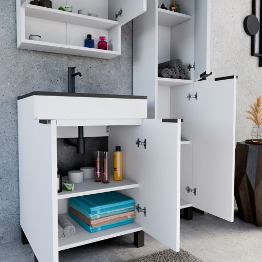 HD Paris Matt White 60 álló mosdószekrény matt fekete elemekkel és matt fekete slim mosdóval