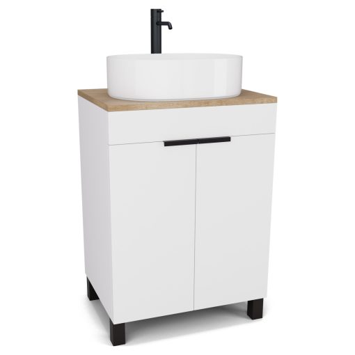 HD Paris Matt White 60 álló mosdószekrény tölgyfa színű mosdópulttal és matt fekete elemekkel