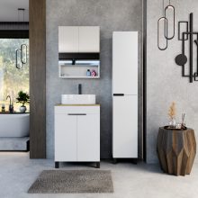 HD Paris Matt White 60 álló mosdószekrény tölgyfa színű mosdópulttal és matt fekete elemekkel