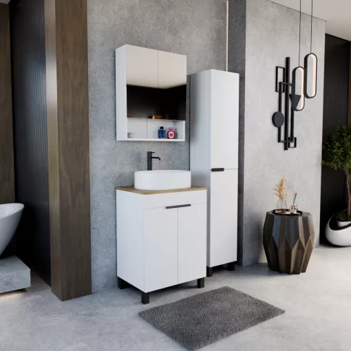 HD Paris Matt White 60 álló mosdószekrény tölgyfa színű mosdópulttal és matt fekete elemekkel