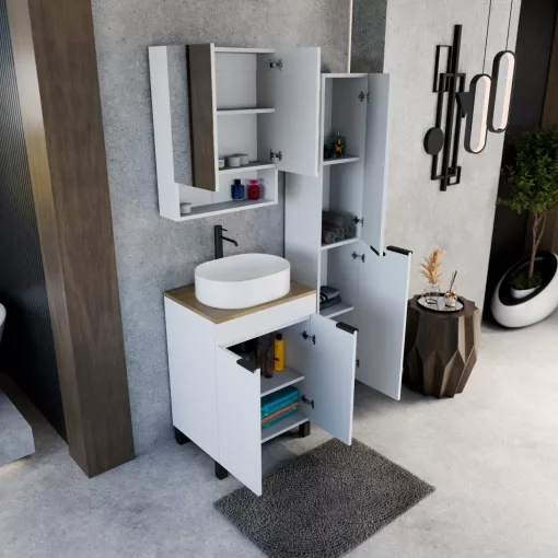 HD Paris Matt White 60 álló mosdószekrény tölgyfa színű mosdópulttal és matt fekete elemekkel