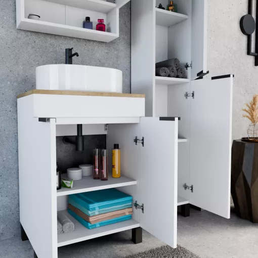 HD Paris Matt White 60 álló mosdószekrény tölgyfa színű mosdópulttal és matt fekete elemekkel