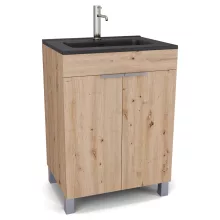 HD Paris Oak 60 álló mosdószekrény szálcsiszolt króm elemekkel és matt fekete slim mosdóval