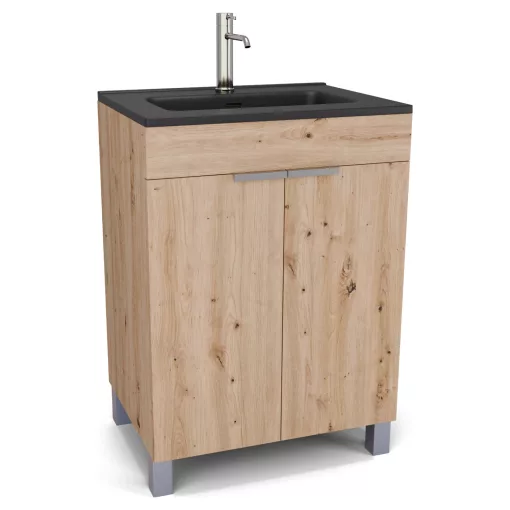 HD Paris Oak 60 álló mosdószekrény szálcsiszolt króm elemekkel és matt fekete slim mosdóval