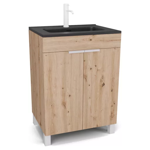 HD Paris Oak 60 álló mosdószekrény matt fehér elemekkel és matt fekete slim mosdóval