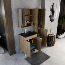 HD Paris Oak 60 álló mosdószekrény matt fehér elemekkel és matt fekete slim mosdóval
