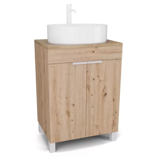 HD Paris Oak 60 álló mosdószekrény tölgyfa színű mosdópulttal és matt fehér elemekkel