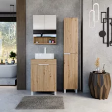 HD Paris Oak 60 álló mosdószekrény tölgyfa színű mosdópulttal és matt fehér elemekkel