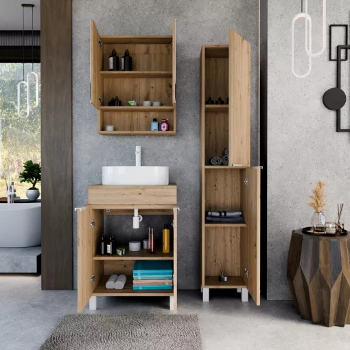 HD Paris Oak 60 álló mosdószekrény tölgyfa színű mosdópulttal és matt fehér elemekkel