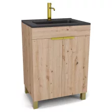HD Paris Oak 60 álló mosdószekrény szálcsiszolt arany elemekkel és matt fekete slim mosdóval
