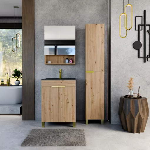 HD Paris Oak 60 álló mosdószekrény szálcsiszolt arany elemekkel és matt fekete slim mosdóval