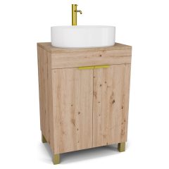   HD Paris Oak 60 álló mosdószekrény tölgyfa színű mosdópulttal és szálcsiszolt arany elemekkel
