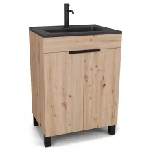 HD Paris Oak 60 álló mosdószekrény matt fekete elemekkel és matt fekete slim mosdóval