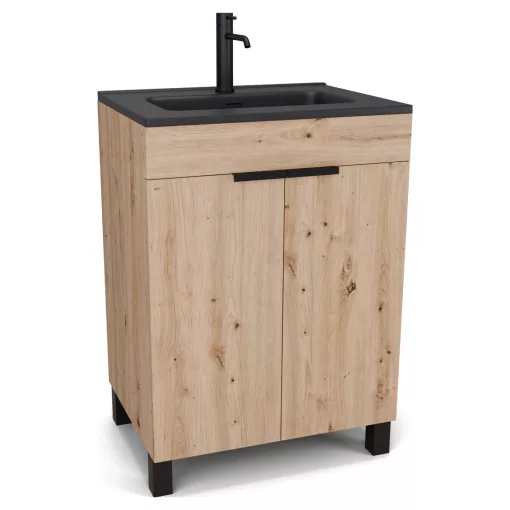 HD Paris Oak 60 álló mosdószekrény matt fekete elemekkel és matt fekete slim mosdóval