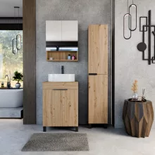 HD Paris Oak 60 álló mosdószekrény tölgyfa színű mosdópulttal és matt fekete elemekkel