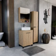 HD Paris Oak 60 álló mosdószekrény tölgyfa színű mosdópulttal és matt fekete elemekkel