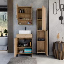 HD Paris Oak 60 álló mosdószekrény tölgyfa színű mosdópulttal és matt fekete elemekkel