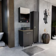 HD Paris Matt Black 60 álló mosdószekrény tölgyfa színű mosdópulttal és fényes króm elemekkel