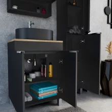 HD Paris Matt Black 60 álló mosdószekrény tölgyfa színű mosdópulttal és fényes króm elemekkel