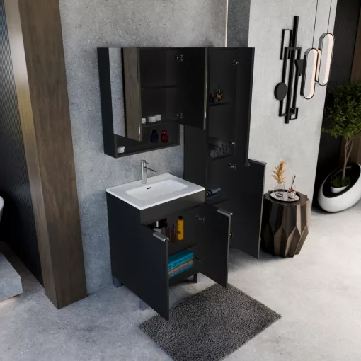 HD Paris Matt Black 60 álló mosdószekrény szálcsiszolt króm elemekkel és fényes fehér slim mosdóval