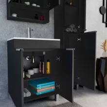 HD Paris Matt Black 60 álló mosdószekrény szálcsiszolt króm elemekkel és fényes fehér slim mosdóval