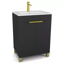 HD Paris Matt Black 60 álló mosdószekrény szálcsiszolt arany elemekkel és fényes fehér slim mosdóval