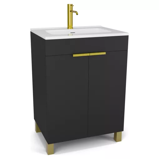 HD Paris Matt Black 60 álló mosdószekrény szálcsiszolt arany elemekkel és fényes fehér slim mosdóval
