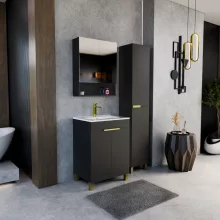 HD Paris Matt Black 60 álló mosdószekrény szálcsiszolt arany elemekkel és fényes fehér slim mosdóval