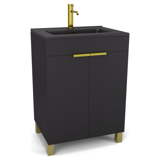 HD Paris Matt Black 60 álló mosdószekrény szálcsiszolt arany elemekkel és matt fekete slim mosdóval
