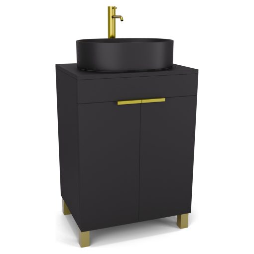HD Paris Matt Black 60 álló mosdószekrény matt fekete mosdópulttal és szálcsiszolt arany elemekkel