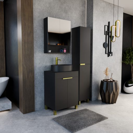 HD Paris Matt Black 60 álló mosdószekrény matt fekete mosdópulttal és szálcsiszolt arany elemekkel